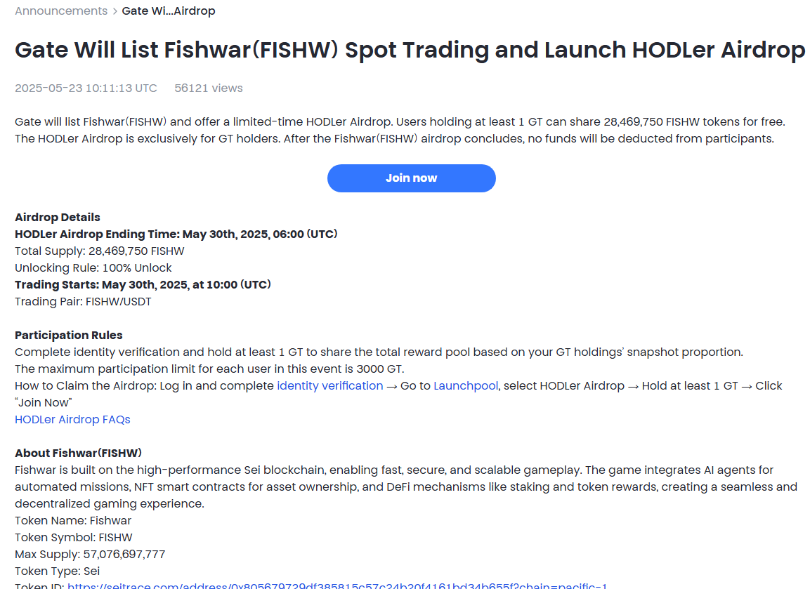 Gate.io will list Fishwar (FISHW) on May 30th, 2025, at 10:00 (UTC)